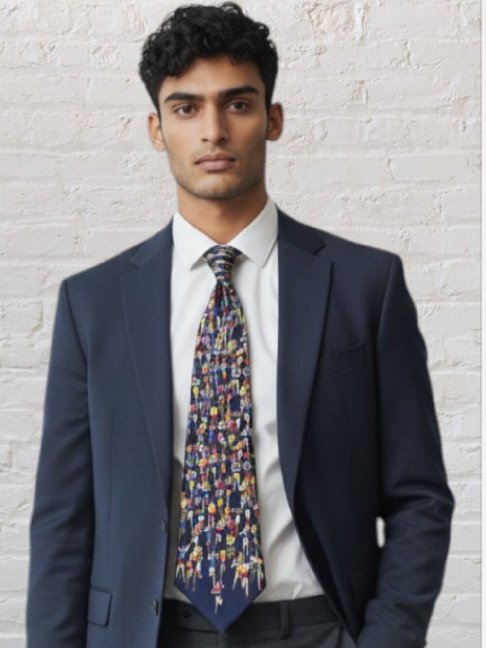 ALYNN NECKWARE -- "Marathon" Silk Tie, 100% Silk, Navy with Multicolored Runners